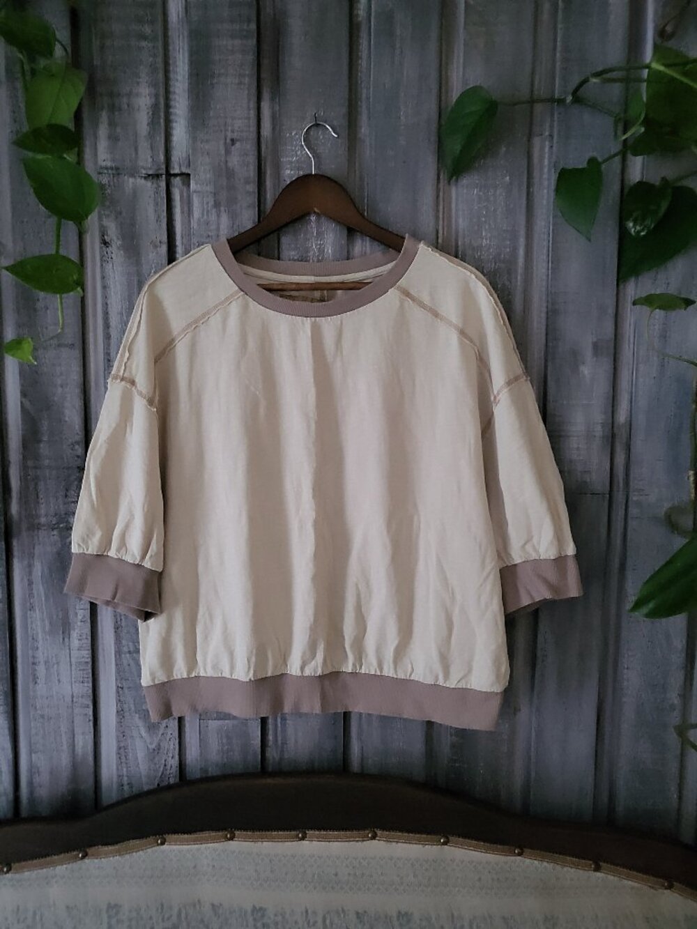 Boho Raw Edge Slub Knit Crewneck Sweatshirt Cream  Pocketless Oversized M Fit
